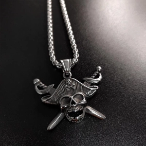 Vintage stainless steel pirate skull pendant necklace with cross swords and box chain