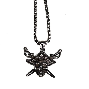 Vintage stainless steel pirate skull pendant necklace with black distressed metal finish