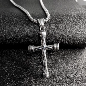 Cross Pendant Necklace Stainless Steel Twisted Rope Texture Retro Punk Gothic Jewelry For Men Women Vintage Box Chain