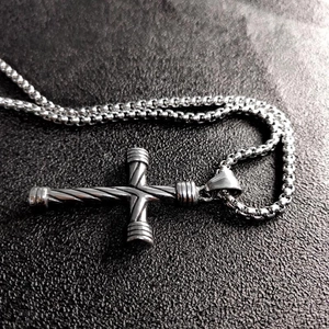 Retro stainless steel cross pendant with spiral twist design and silver box chain