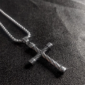 Retro stainless steel cross pendant necklace with twisted rope texture on black leather