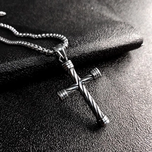 Vintage stainless steel cross necklace for men featuring a unique twisted texture design