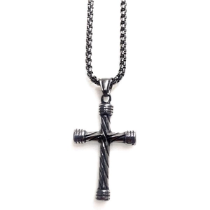 Detail view of double twisted rope texture and ring accents on stainless steel cross pendant