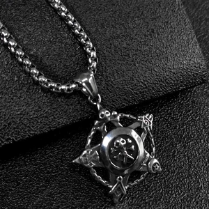 Men Vintage Pendant Necklace Titanium Steel Star Skull Freemasonry Symbol Hip Hop Gothic Jewelry