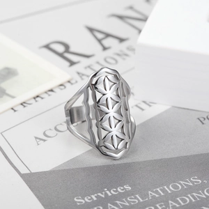 Bague ajustable en acier inoxydable avec motif géométrique fleur de vie évidée argent