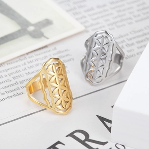 Bague Fleur De Vie Creuse En Acier Inoxydable Motif Feuille Géométrique Découpé Bijoux Mode Femmes