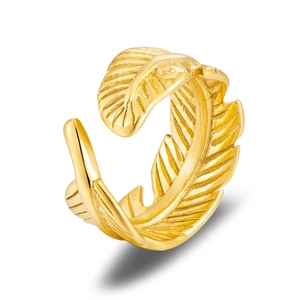 Anello aperto a piuma in acciaio inossidabile placcato oro 18k con finitura spazzolata
