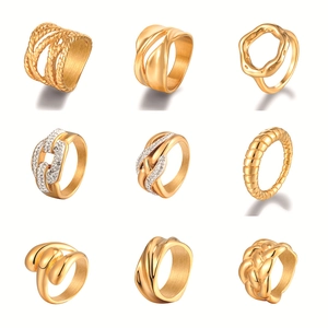 Women Stainless Steel Ring 18K Gold Plated Minimalist Geometric Woven Wave Zirconia Inlaid Finger Jewelry Fashion Gift