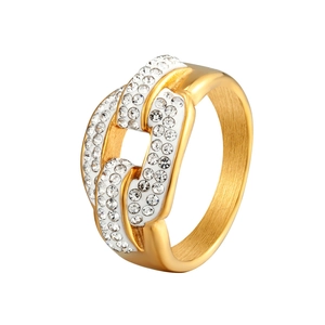 Detailed macro of a 18K gold plated chain ring with sparkling pave set crystals