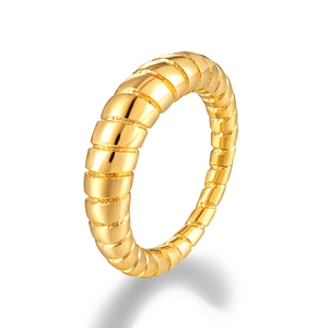 Detailed view of polished 18K gold plated titanium ring with ribbed spiral texture design
