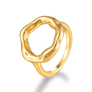 Irregular wave liquid metal style 18K gold plated stainless steel ring on white background