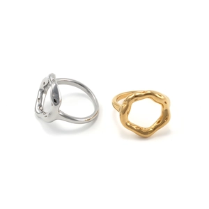 Detail of molten style 18K gold and silver plated stainless steel rings in lava design