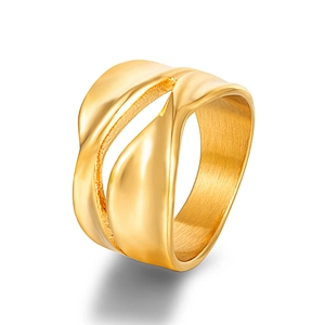 Detailed view of wide 18K gold plated stainless steel ring with brushed twisted texture
