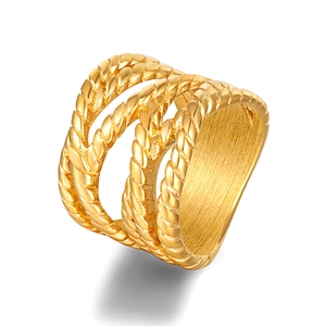 Detail view of 18K gold plated stainless steel ring with twisted rope multi-layer design