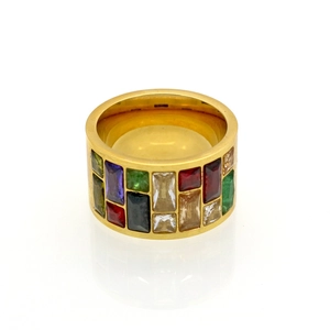 Macro detail of wide gold ring with multi-colored rectangular baguette-cut cubic zirconia
