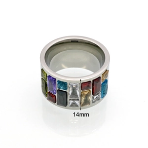 14mm wide stainless steel band ring featuring double rows of colorful zircon stones