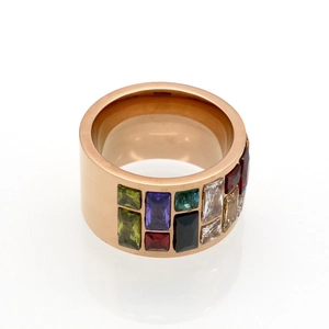 Detail of rose gold stainless steel ring featuring colorful rectangular zircon stones