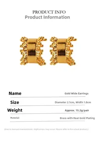 Detail of gold wide hoop earrings with irregular texture and real gold plated brass finish