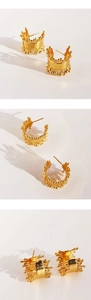 Detailed views of gold C-shaped earrings with textured beads and crown-like edge