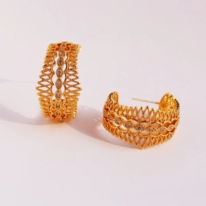 French Retro Hollow Lace Hoop Earrings 18K Gold Plated Brass With 925 Sterling Silver Earring Post Zircon C Shape Women