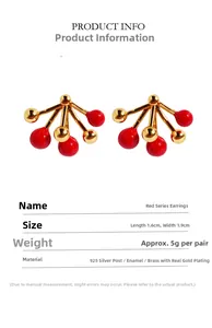 Detail showing 1.6x1.9cm red enamel cherry earrings with 925 silver needles