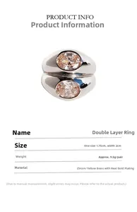 Detailed size chart for silver double-layered ring with zircon and gold-plated brass