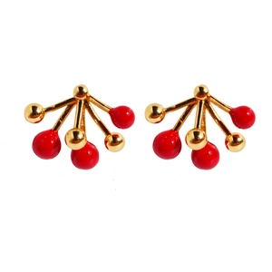Red enamel and gold fireworks stud earrings with abstract berry design for women
