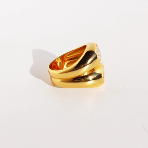 Polished gold double-layer wide ring featuring a central round sparkling zircon stone