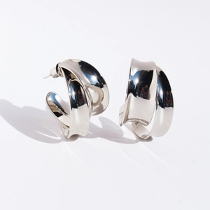 Polished silver C-shaped double-layer wide hoop earrings with irregular wavy design