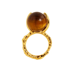 Retro goldener Ring mit unregelmäßiger Textur und großem runden Tigerauge Stein