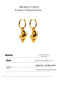 Detailed view of gold conch shell earrings with dimensions and material specifications