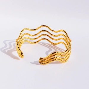 Unique 18K gold plated wide open bangle with hammered textured wavy tiered design