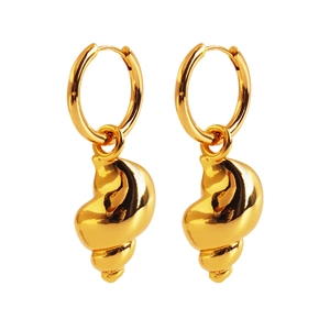 Golden sea shell hoop earrings with a polished metallic finish and removable charms