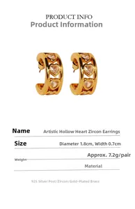 Artistic hollow heart zircon earrings with 1.8cm diameter and 925 silver needles