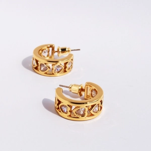 Elegant gold-plated C-shaped heart earrings with sparkling cubic zirconia inlay