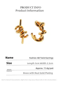 Detailed size chart for asymmetrical twisted gold-plated brass C-shape earrings