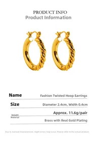 Detail view of gold-plated twisted hoop earrings with 2.4cm diameter and sizing dimensions
