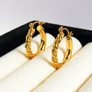 Classic gold twisted rope hoop earrings with high-polished metallic finish for women