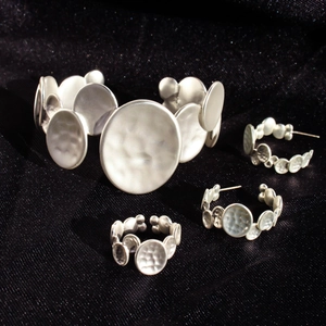 Hammered Jewelry Collection Silver Plated Brass Irregular Cuff Bracelet Ring C Earrings With 925 Sterling Silver Earring Post