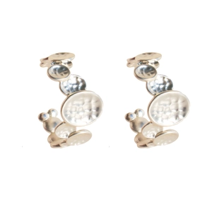 Irregular hammered silver C-shape earrings with textured round plates for women