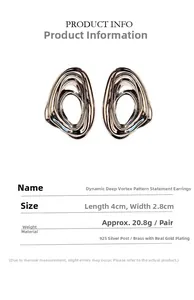 Detailed view of flowing swirl stud earrings with 925 silver pin and gold plated brass