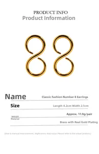 Detail of minimalist figure-eight gold-plated earrings with polished brass texture