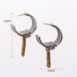 Two-tone C-shape hoop earrings with gold chain and silver knot detail, 3.4cm size