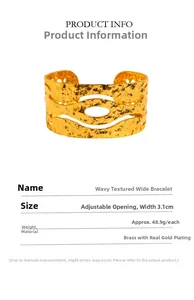 Detailed size specifications for wide textured gold cuff bracelet with 3.1cm width