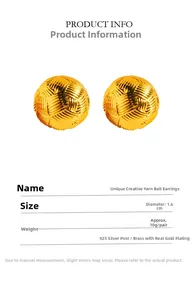 Detailed spec sheet showing 1.6cm golden yarn ball studs with 925 silver needles