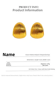 Detailed size and material specs for gold striped C-shape stud earrings in brass