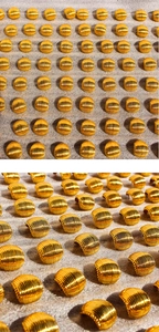 Macro shot of gold shell texture earrings featuring vertical ribbed metal craft details