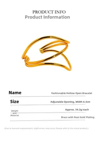 Detailed specs of wide hollow wavy gold-plated brass cuff with 4.3cm width and 34.2g weight