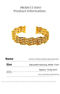 Detail of 1.3cm wide woven mesh hollow golden cuff bracelet with adjustable opening