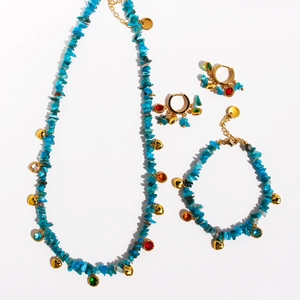 Bohemian Naturstein Perlen Schmuckset Echtgold Vergoldet Messing Herz Zirkon Halskette Armband Ohrringe Für Damen Vintage Urlaub